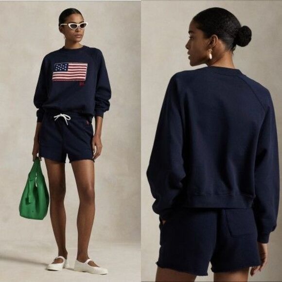 Polo Ralph Lauren Logo Flag French Terry Crewneck Sweatshirt Size M Navy EUC - Picture 1 of 16